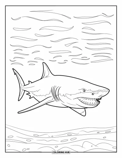 Çocuklar için Megalodon Köpekbalığı Boyama Sayfası: Bir megalodon derin sularda yalnız yüzüyor, altında belirsiz deniz tabanı görünüyor