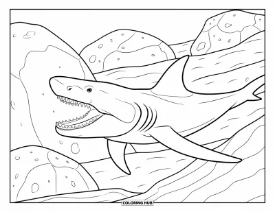 Çocuklar için Megalodon Köpekbalığı Boyama Sayfası: Bir megalodon devasa su altı kayaları ve eğimli kumların yakınında yüzüyor