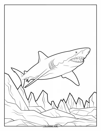 Çocuklar için Megalodon Köpekbalığı Boyama Sayfası: Bir megalodon okyanusun derinliklerinde sivri kayalık sırtların üzerinde yüzüyor