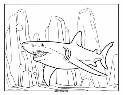 Çocuklar için Megalodon Köpekbalığı Boyama Sayfası: Bir megalodon yükselen su altı kaya oluşumlarının yanından geçiyor