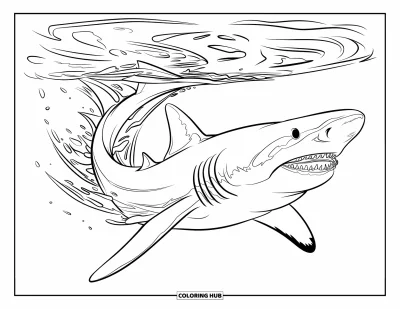 Çocuklar için Megalodon Köpekbalığı Boyama Sayfası: Bir megalodon suda ani bir dönüş yapıyor, yüzgecinde türbülans görünüyor