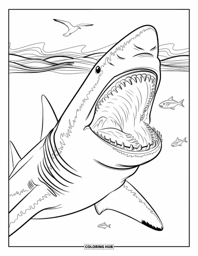 Çocuklar için Megalodon Köpekbalığı Boyama Sayfası: Güçlü bir köpekbalığı ağzı açık geçerken yakınında balıklar var