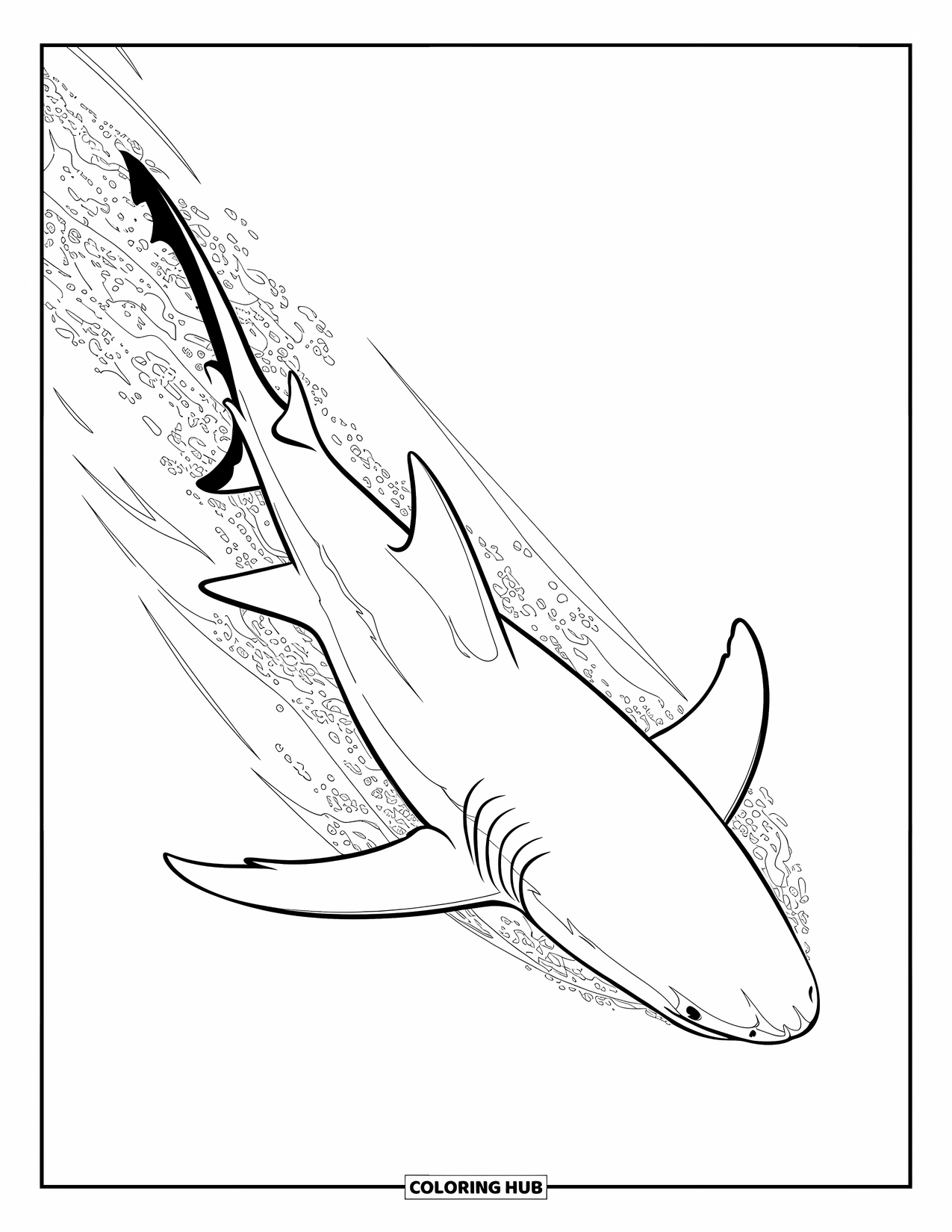 Megalodon Shark Coloring Page for Kids: A shark speeds through the deep sea, leaving water trails in its wake