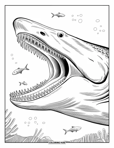 Çocuklar için Megalodon Köpekbalığı Boyama Sayfası: Yandan görünen bir megalodon çeneleri ardına kadar açık yüzüyor, yakınında deniz yosunları dalgalanıyor