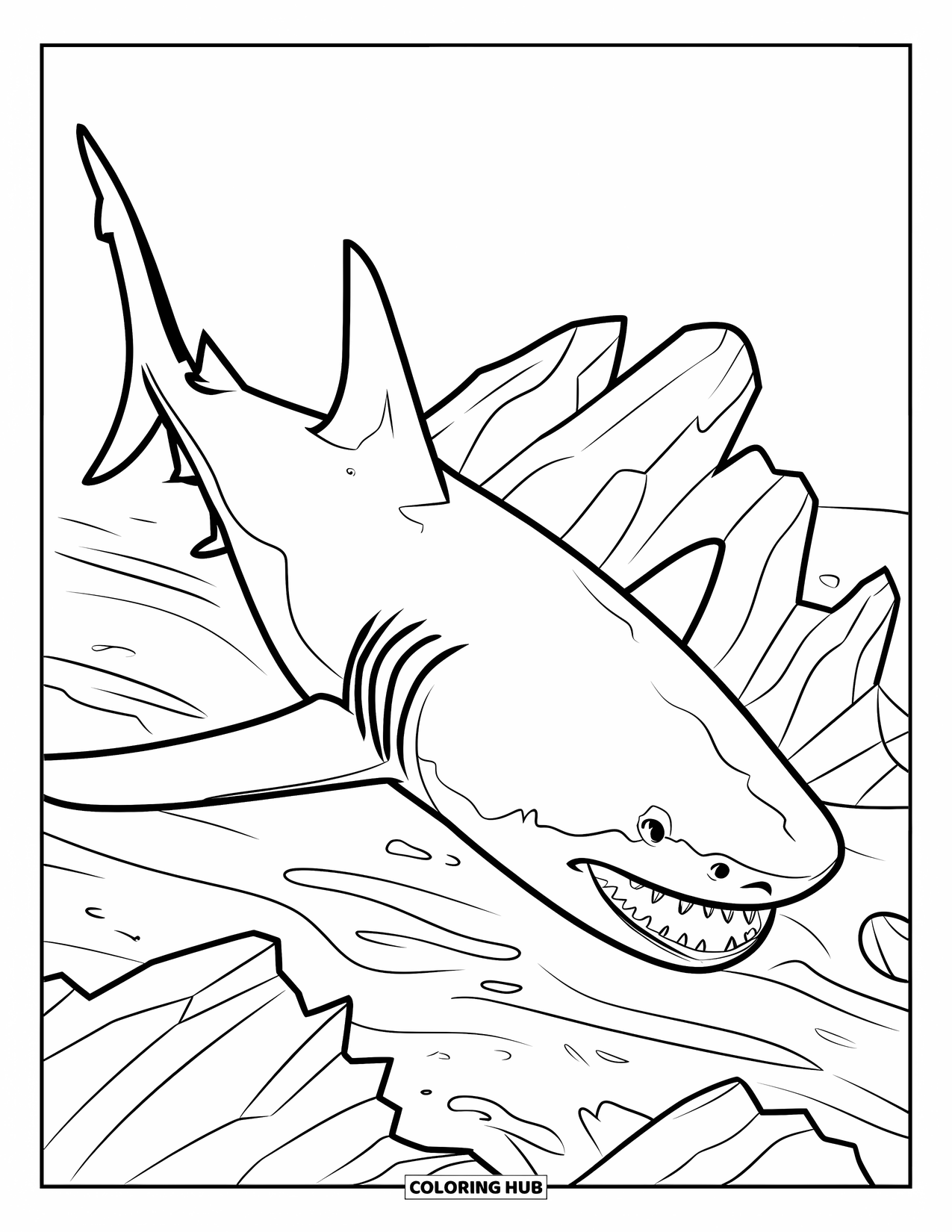 Megalodon Shark Coloring Page for Kids: A toothy megalodon swims past pointed underwater ridges