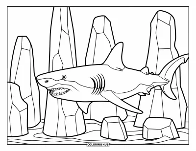 Çocuklar için Megalodon Köpekbalığı Boyama Sayfası: Köpekbalığı büyük kayalık şekillerin yanından geçerek suda süzülüyor