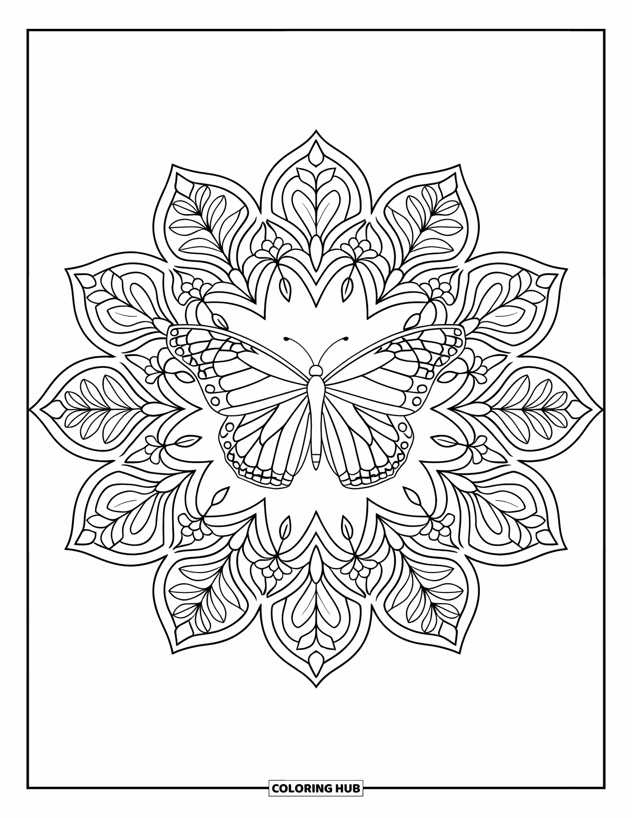 Monarch Butterfly Coloring Page for Adults: A butterfly is framed by a full-page botanical mandala of intricate details