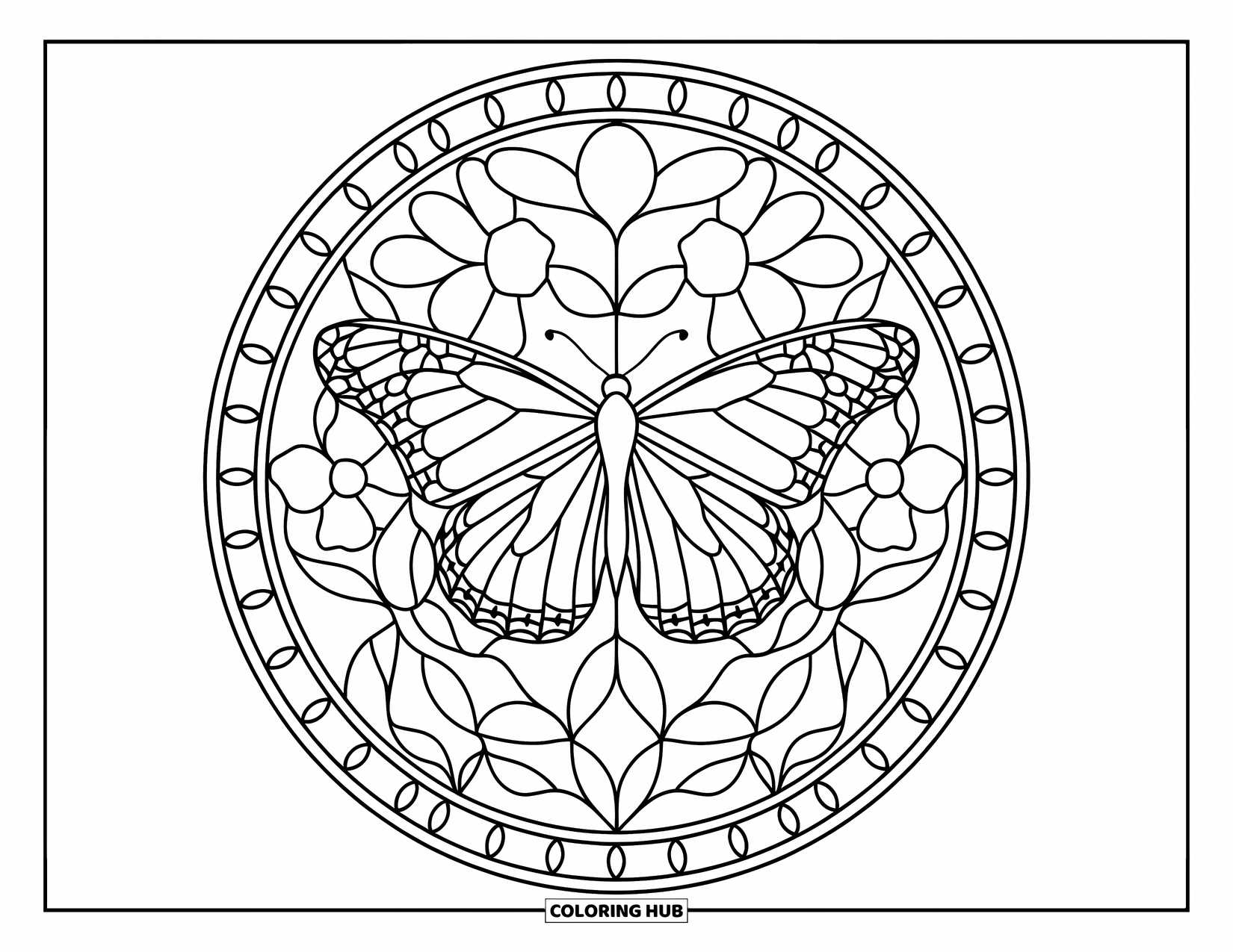 Monarch Butterfly Coloring Page for Adults: A butterfly is surrounded by stained glass flowers in a circular design