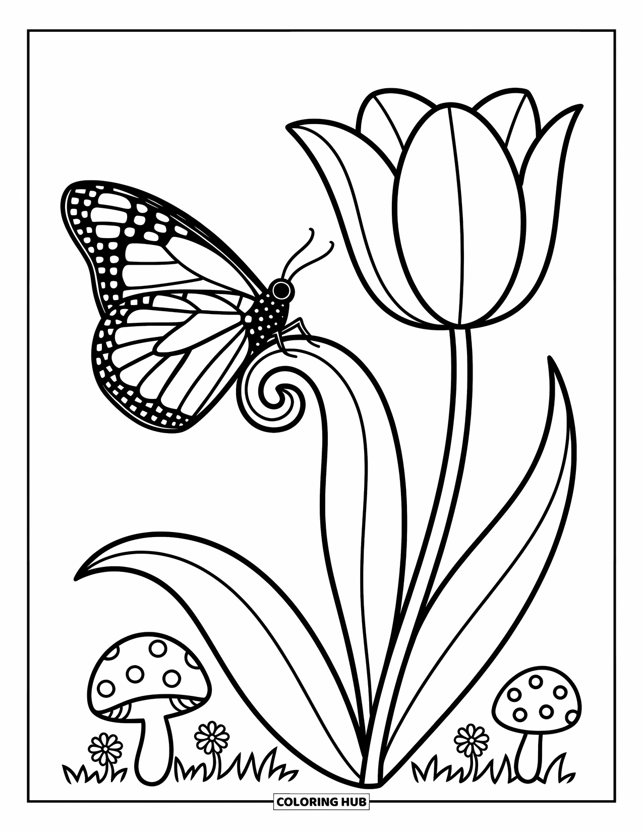 Monarch Butterfly Coloring Page for Adults: A butterfly lands softly on a big tulip blossom with cozy details all around