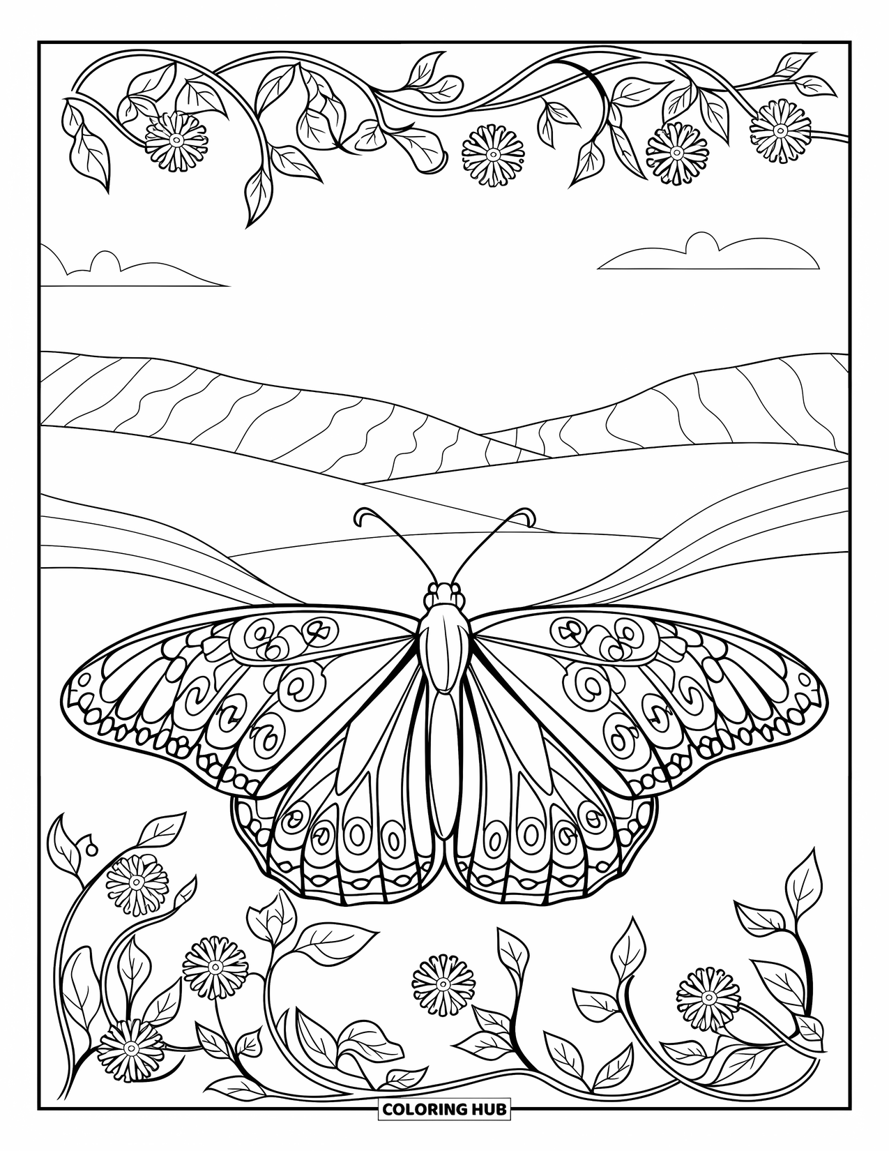 Monarch Butterfly Coloring Page for Adults: A butterfly rests on a branch with floral wings and a flowery border