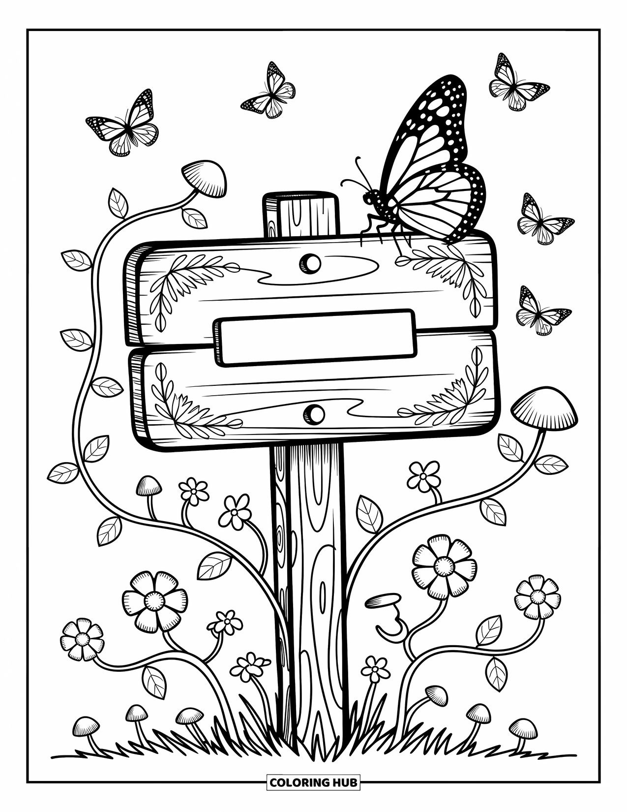 Monarch Butterfly Coloring Page for Adults: A butterfly rests on a signpost surrounded by vines, mushrooms, and fluttering friends