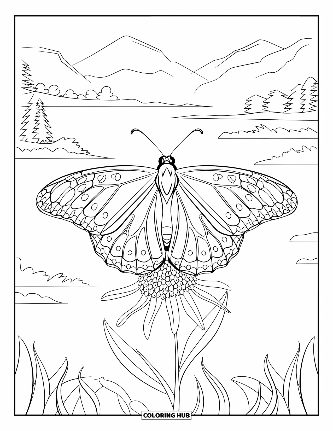 Monarch Butterfly Coloring Page for Adults: A butterfly with floral patterns perches calmly in a scenic mountain view