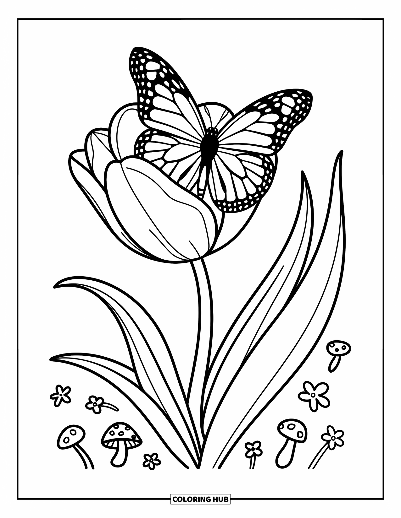 Monarch Butterfly Coloring Page for Adults: A cute monarch rests on a tulip edge, surrounded by leaves, mushrooms, and flowers