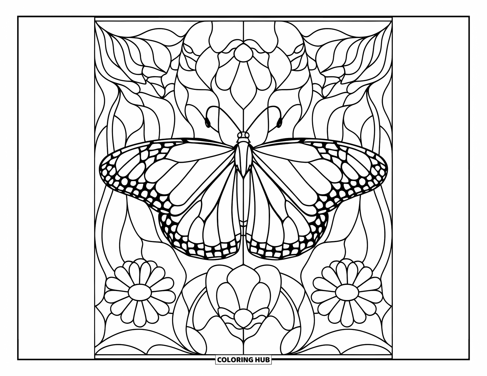 Monarch Butterfly Coloring Page for Adults: A monarch is framed by stained glass-style flowers and leaves
