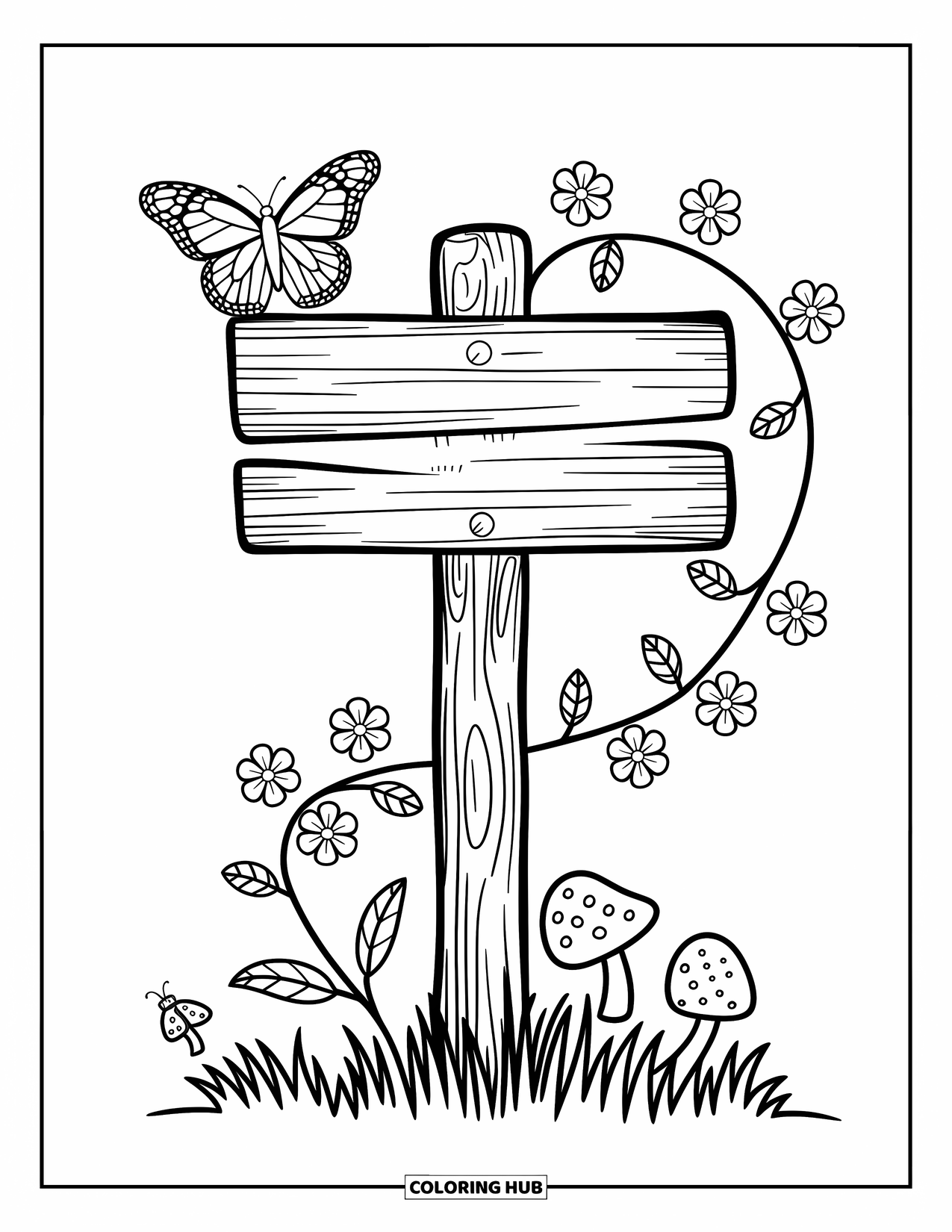 Monarch Butterfly Coloring Page for Adults: A monarch perches on a flower-wrapped wooden sign with playful garden details