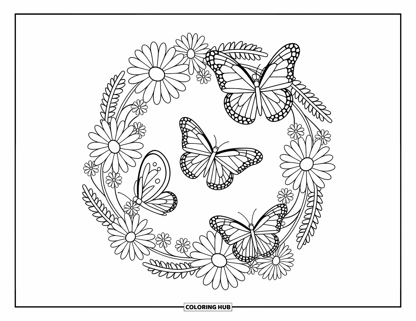 Monarch Butterfly Coloring Page for Adults: A playful butterfly trio gathers on a wreath of soft daisies, lavender, and blossoms