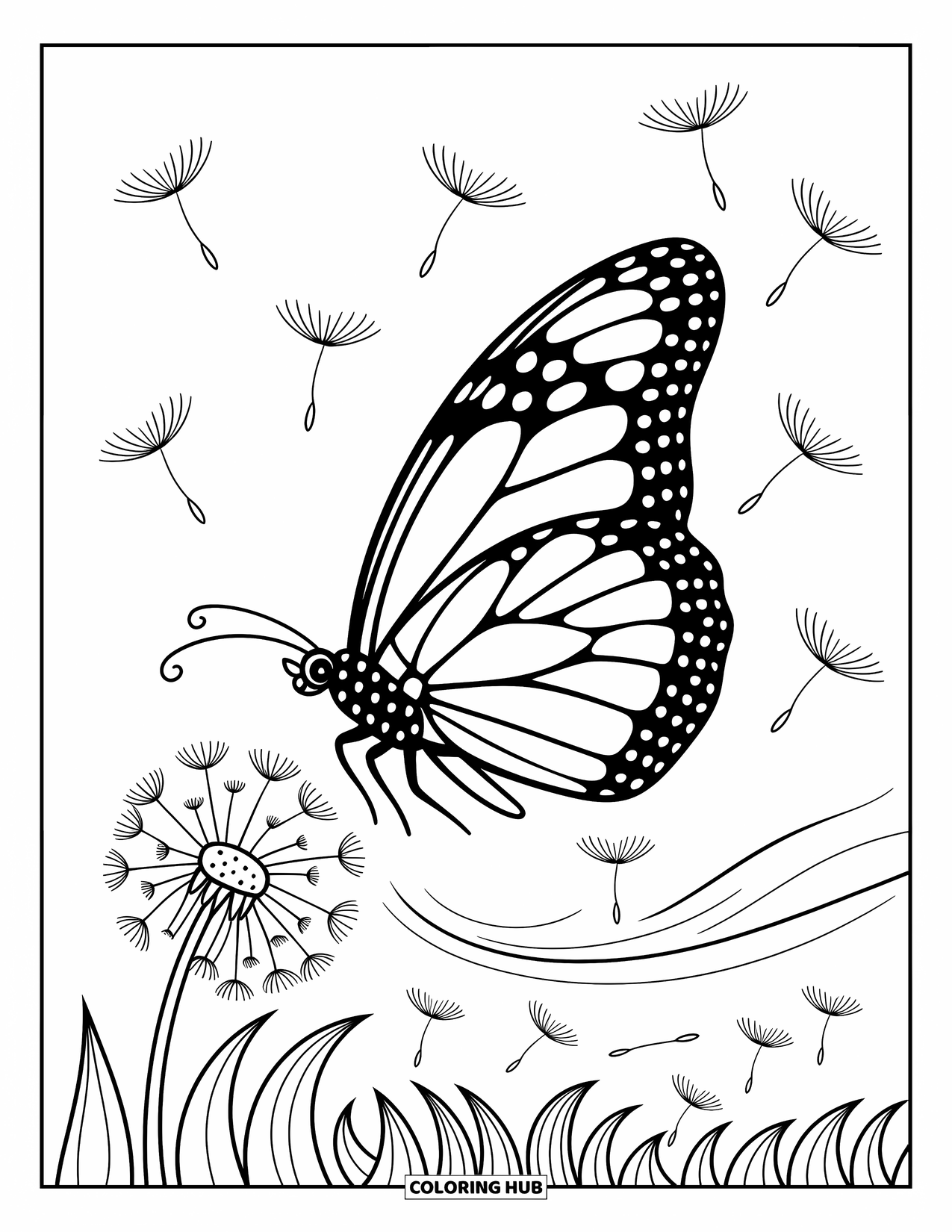 Monarch Butterfly Coloring Page for Adults: A single butterfly flies through fluffy dandelion seeds and soft breeze swirls