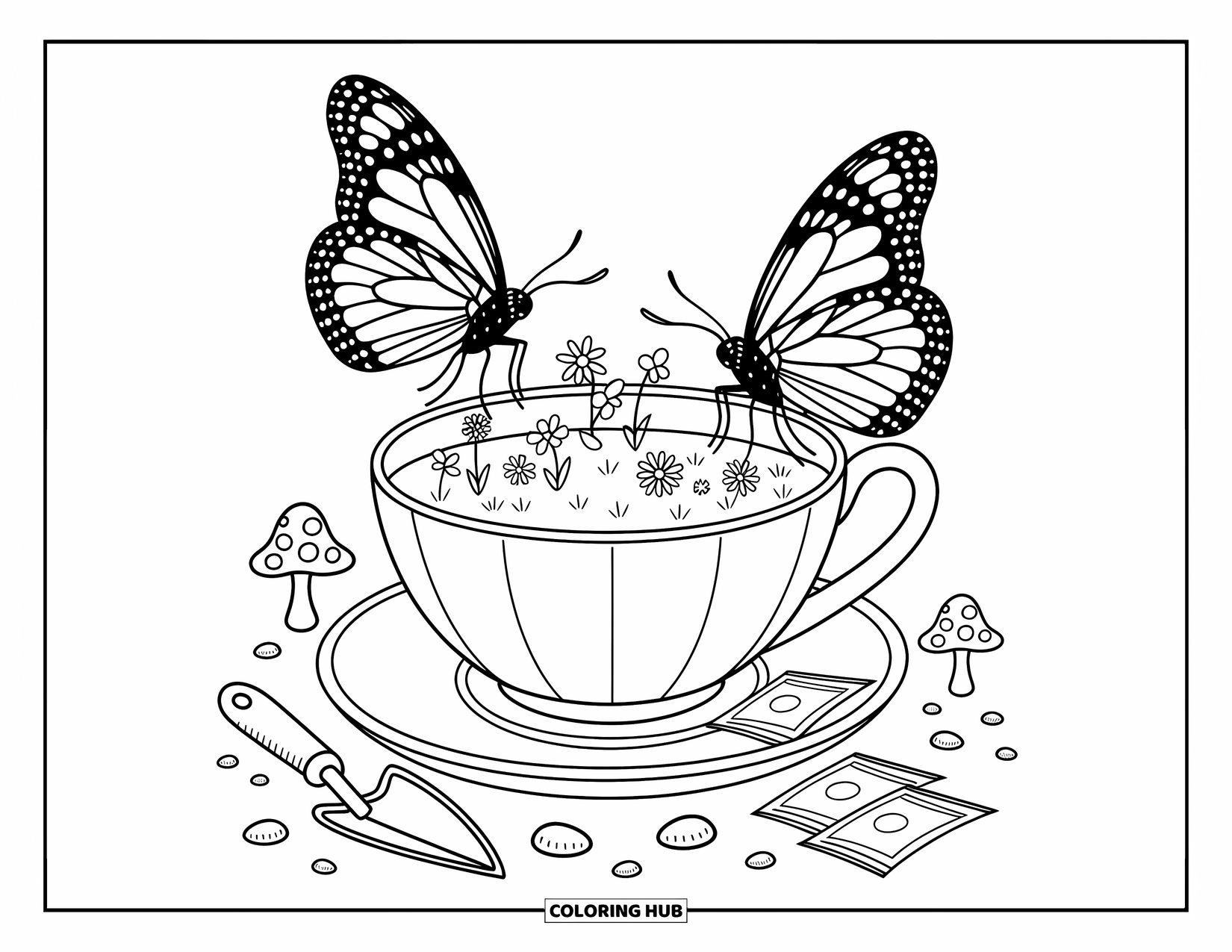 Monarch Butterfly Coloring Page for Adults: Butterflies hover around a teacup of wildflowers, mushrooms, and garden goodies