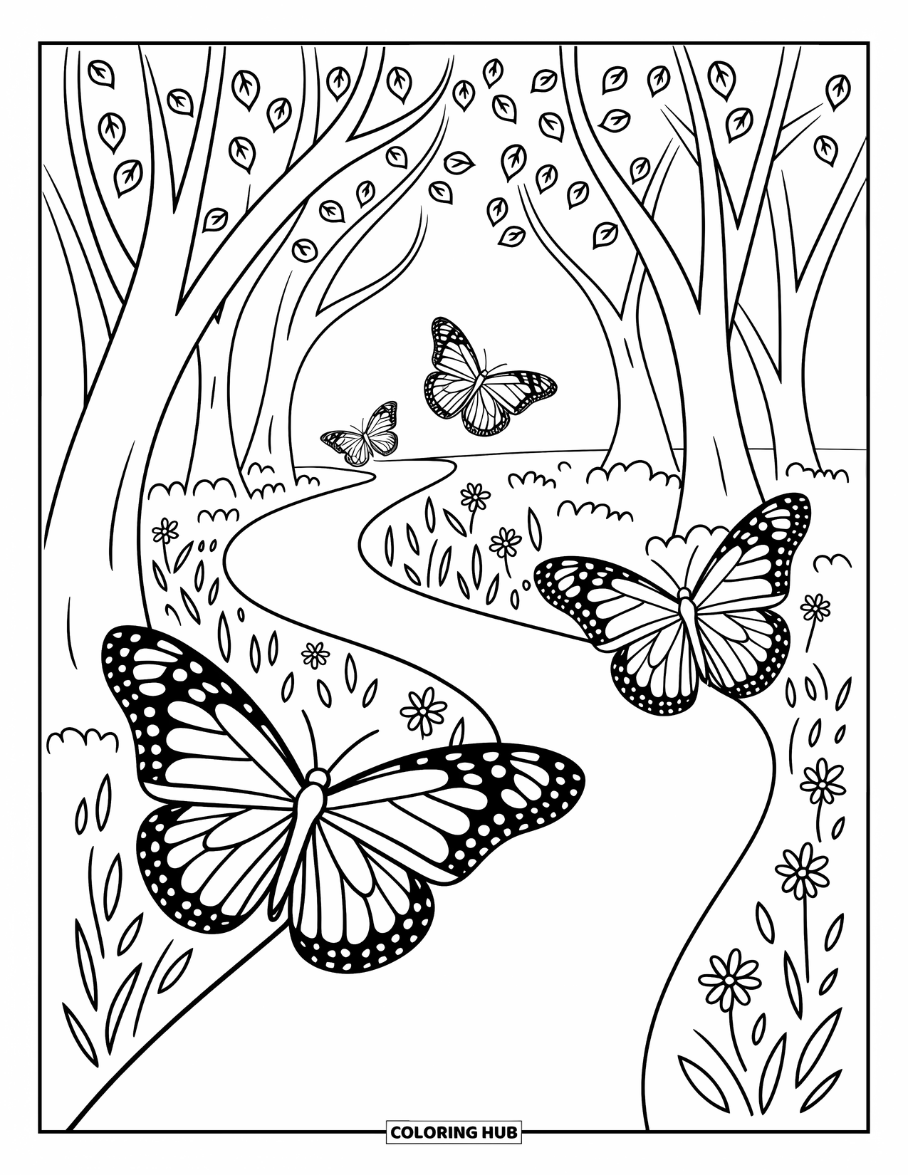 Monarch Butterfly Coloring Page for Adults: Butterflies travel along a winding forest path lined with trees and wildflowers