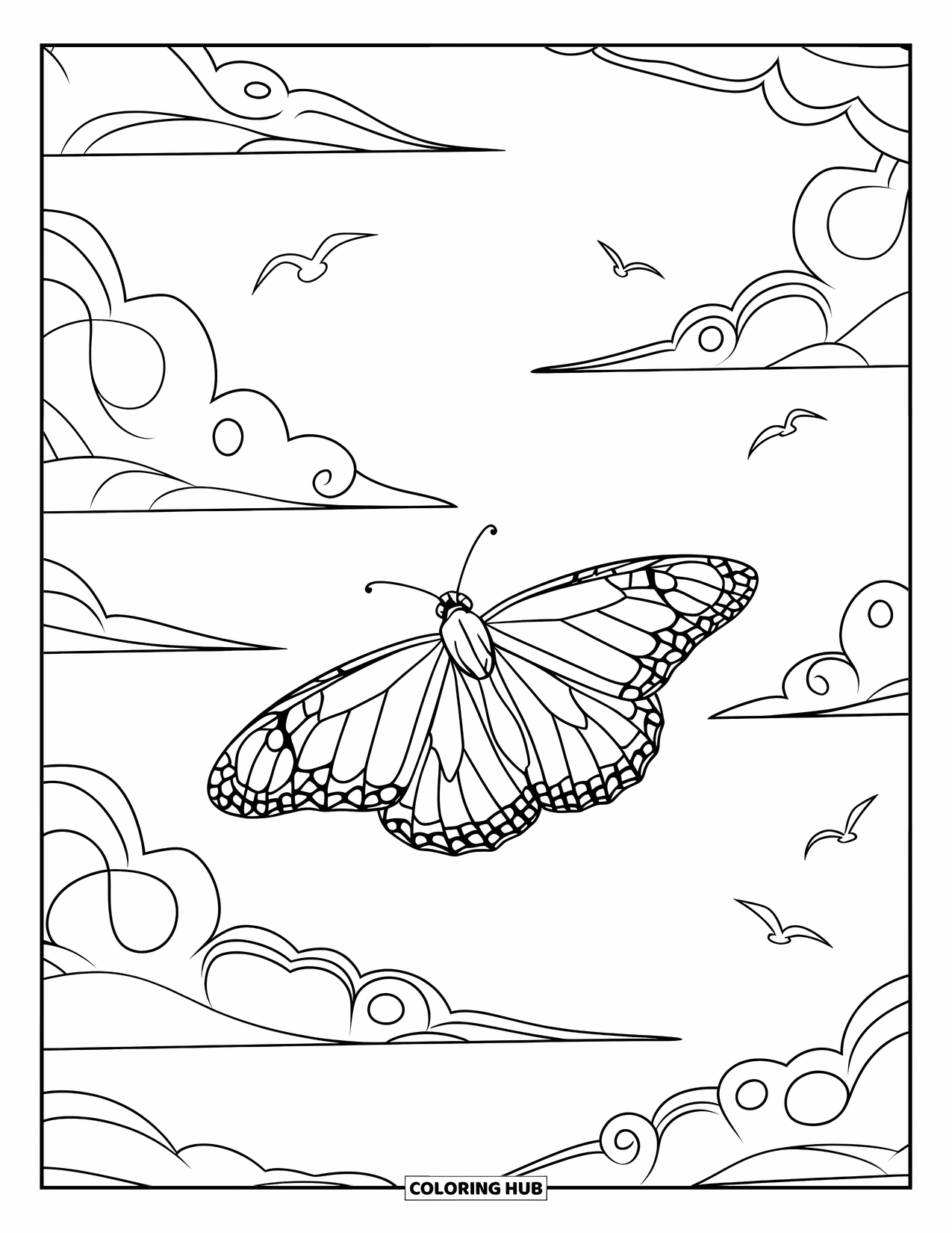 Monarch Butterfly Coloring Page for Kids: A butterfly soars across a sky full of clouds and birds