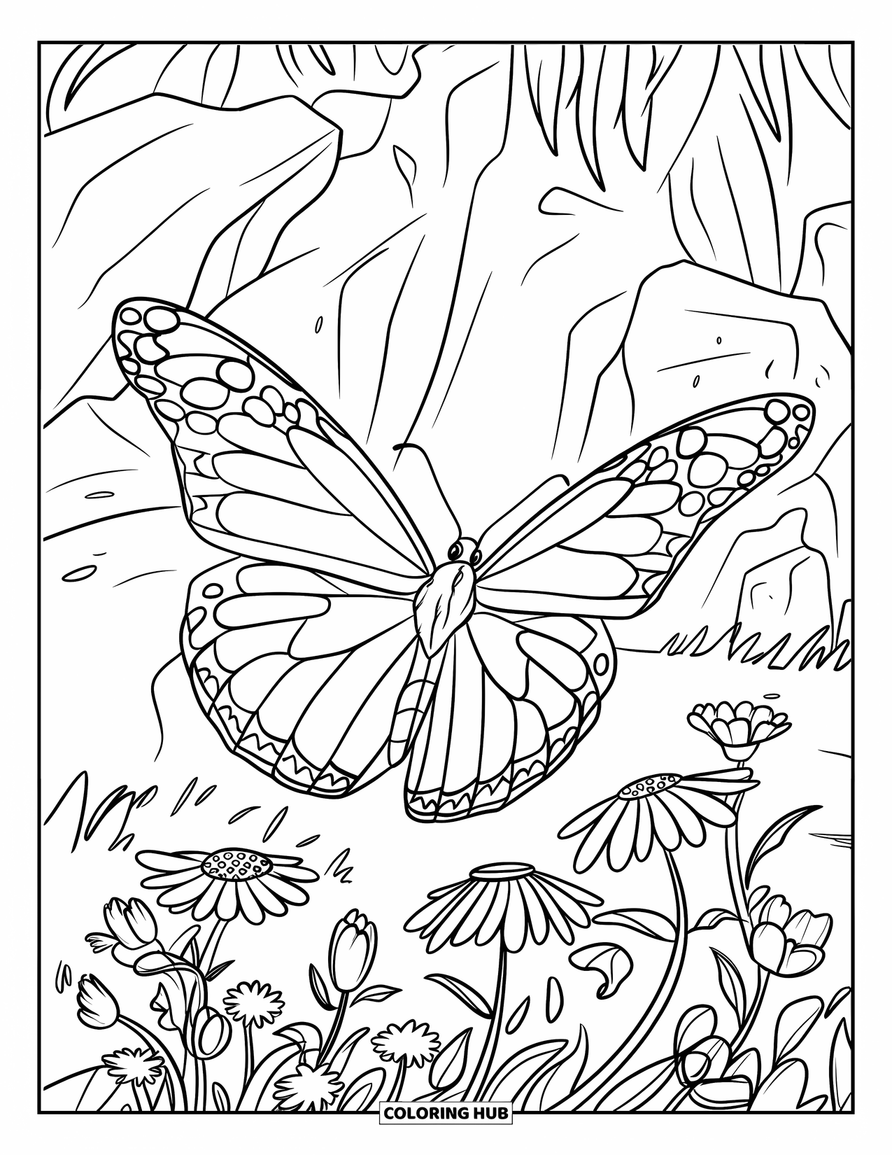 Monarch Butterfly Coloring Page for Kids: A butterfly spreads its wings over a rocky flower-filled field