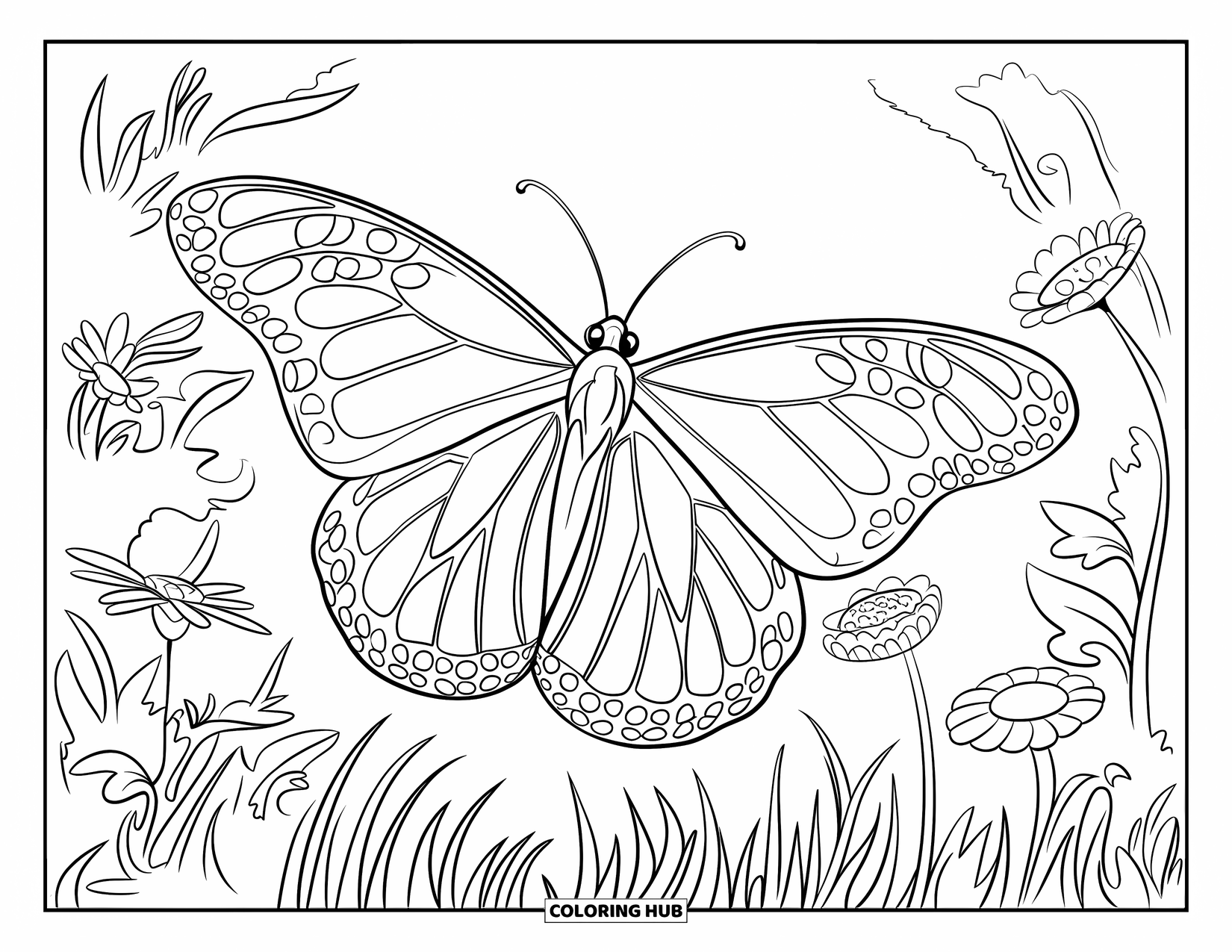 Monarch Butterfly Coloring Page for Kids: A butterfly spreads its wings while perched among scattered wildflowers
