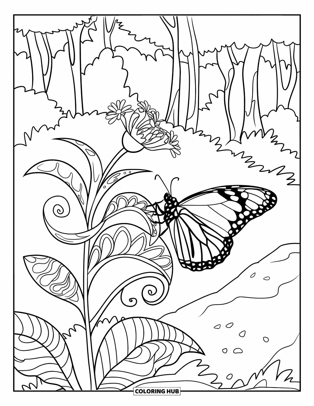 Monarch Butterfly Coloring Page for Kids: A butterfly with closed wings rests on milkweed with rocks and trees nearby
