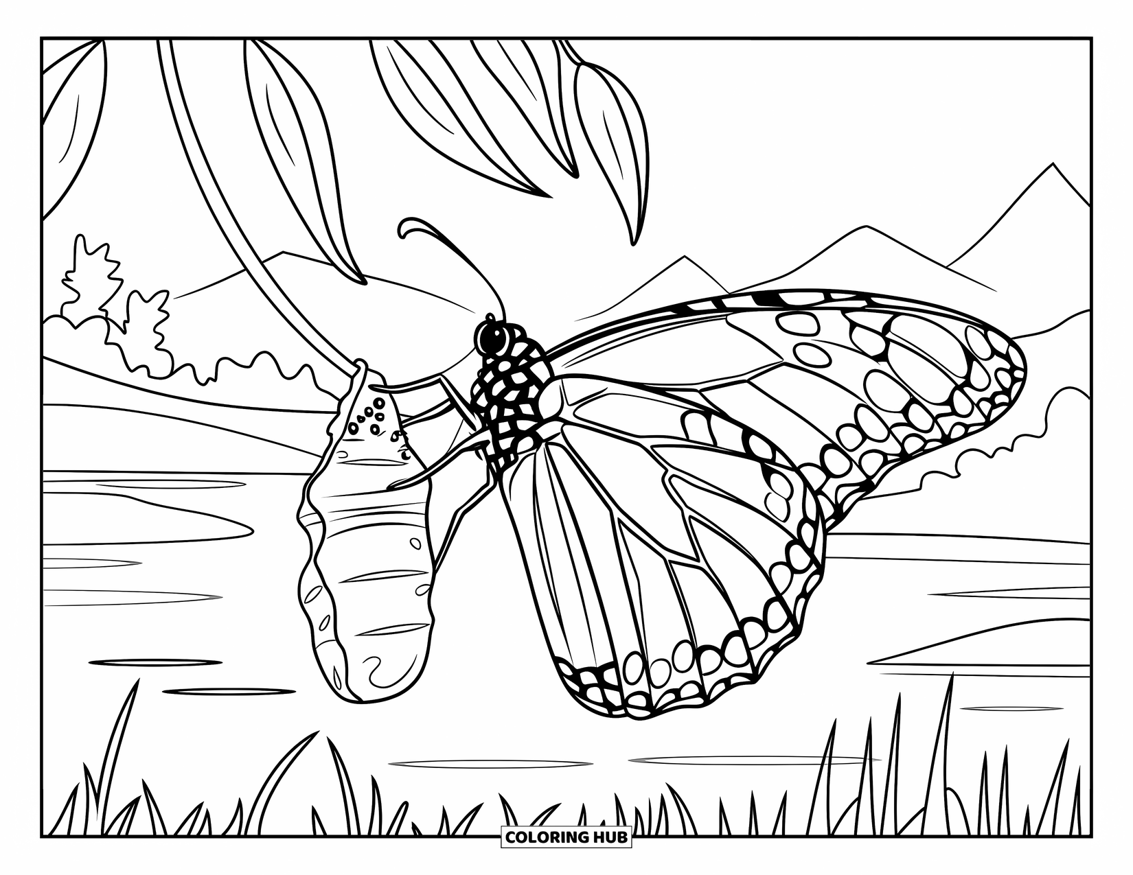 Monarch Butterfly Coloring Page for Kids: A monarch and chrysalis sit quietly near a peaceful mountain landscape