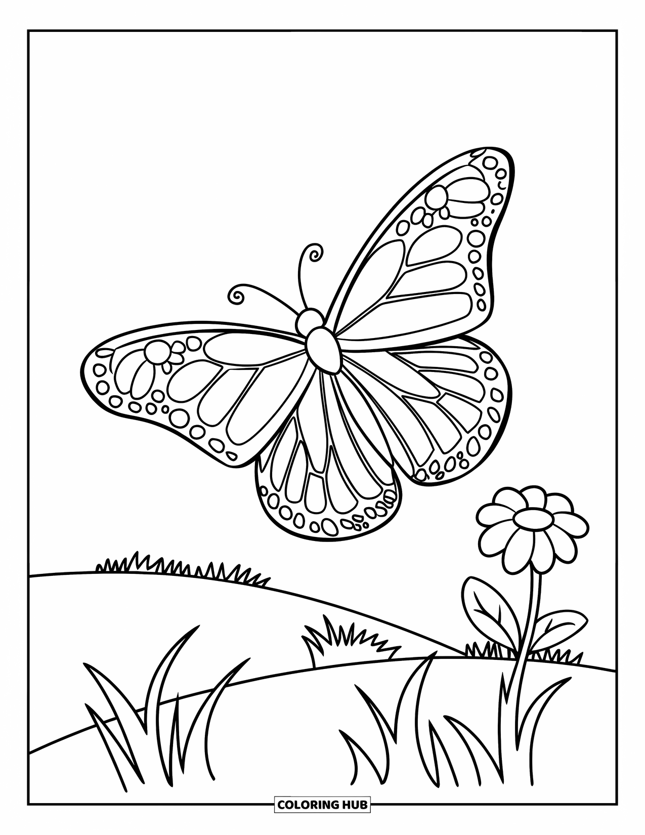 Monarch Butterfly Coloring Page for Kids: A monarch flies over a grassy hill with one little flower