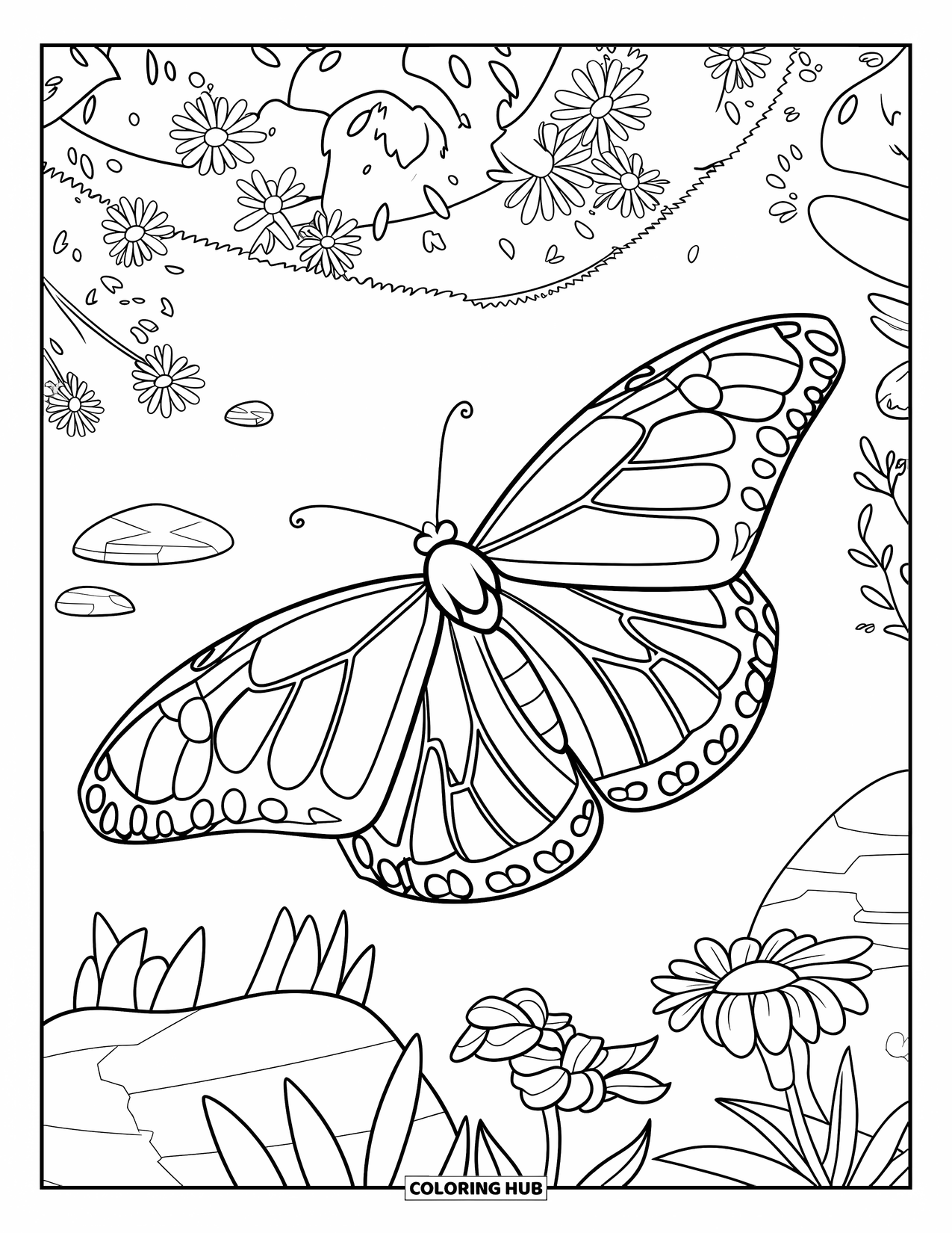 Monarch Butterfly Coloring Page for Kids: A monarch flies through a garden filled with flowers and plants