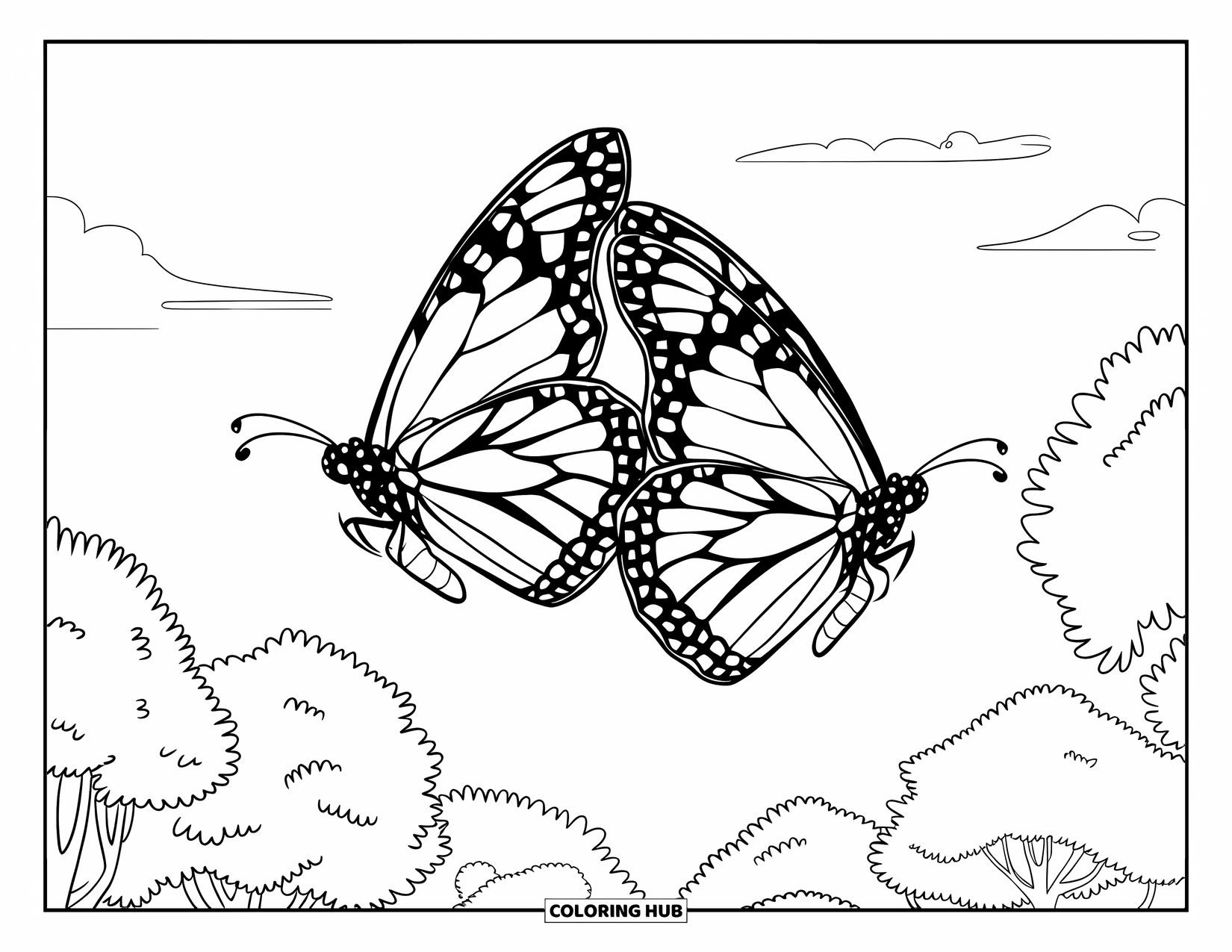 Monarch Butterfly Coloring Page for Kids: A pair of butterflies soar above trees under a soft sky