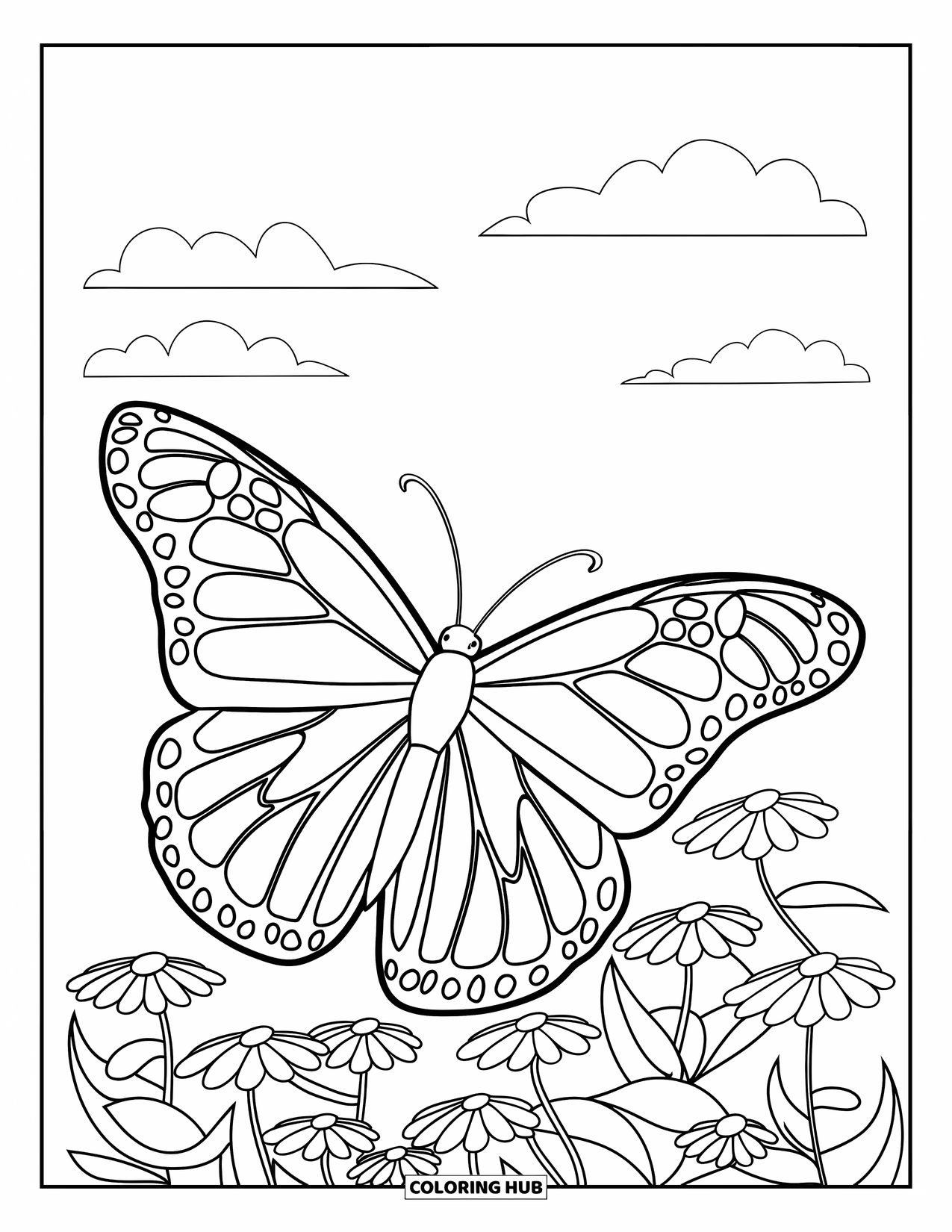 Monarch Butterfly Coloring Page for Kids: A single butterfly soars over a flower-filled field and puffy clouds
