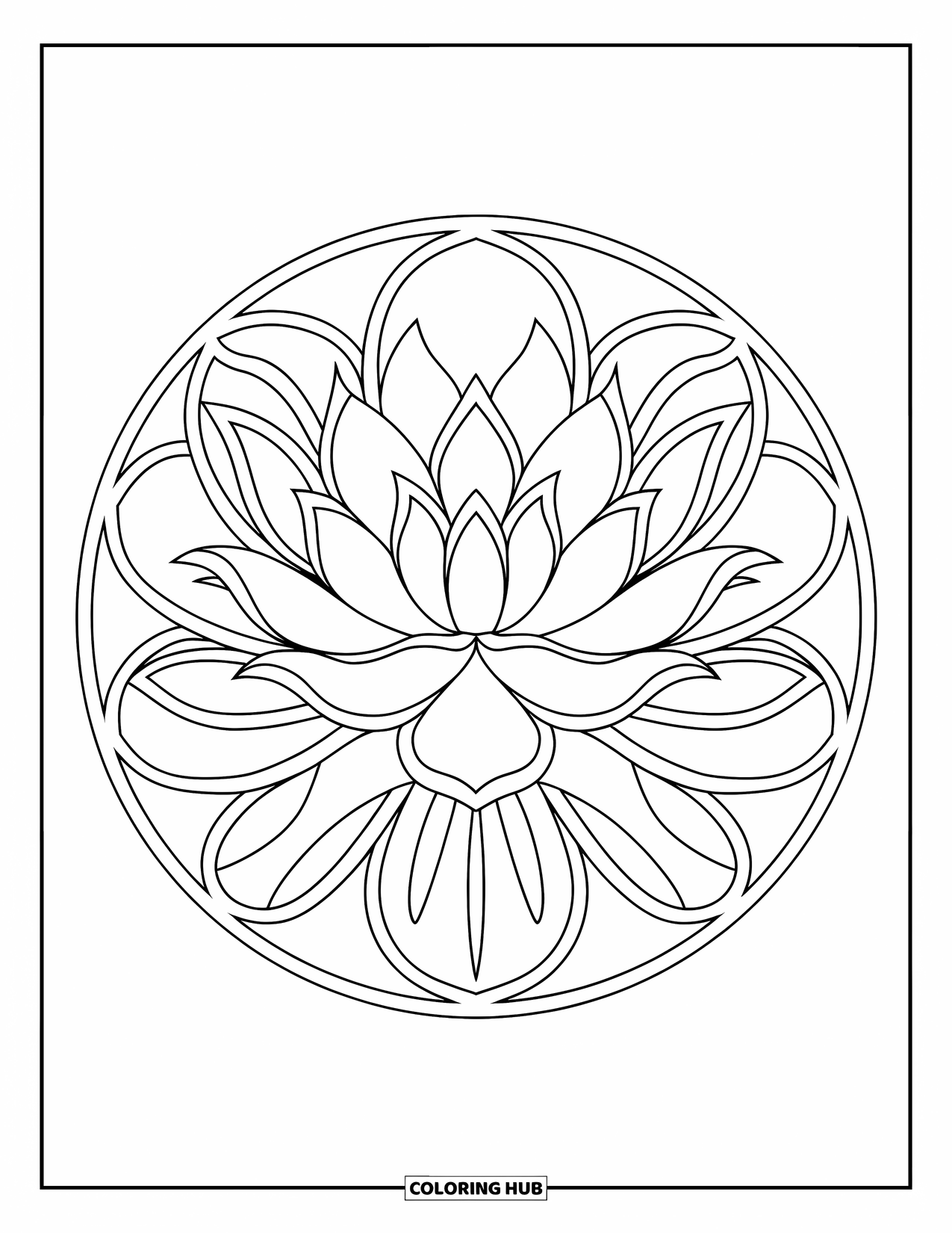 Dibujo de mosaico para colorear para adultos: Una flor de loto en plena floración con pétalos en capas en un diseño curvo estilo mosaico