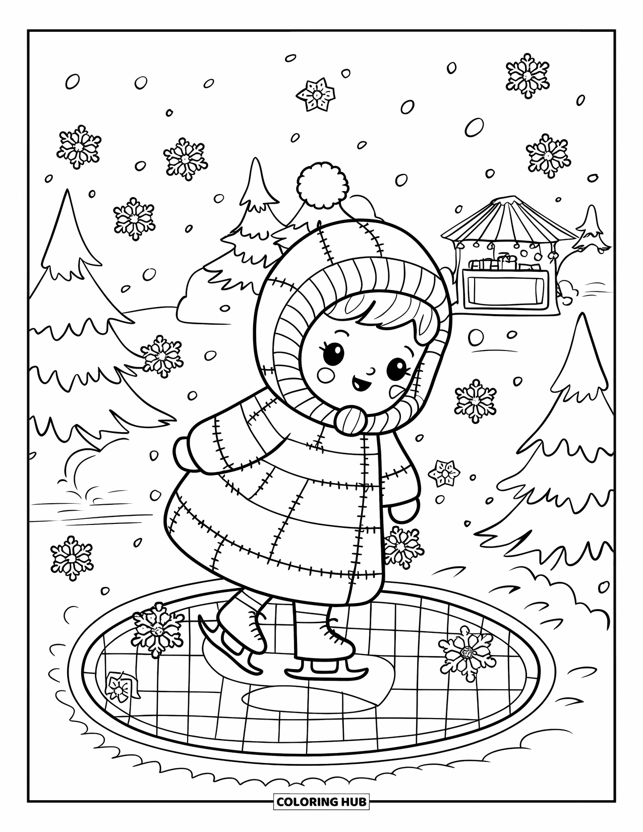 Dibujo de mosaico para colorear para adultos: Un niño abrigado patina sobre un estanque de mosaico junto a pinos y copos de nieve en teselas