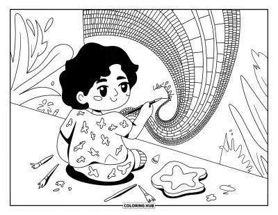 Mosaikk-fargeleggingsark for voksne: En chibi-kunstner i en flekkete skjorte maler en regnbue-veggmaling med pensler ved føttene