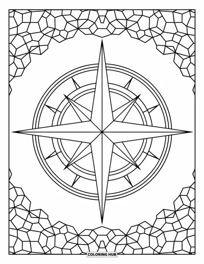 Mosaikk-fargeleggingsark for voksne: En kompassrose med radielle mønstre og en bakgrunn av sammenvevde sirkler