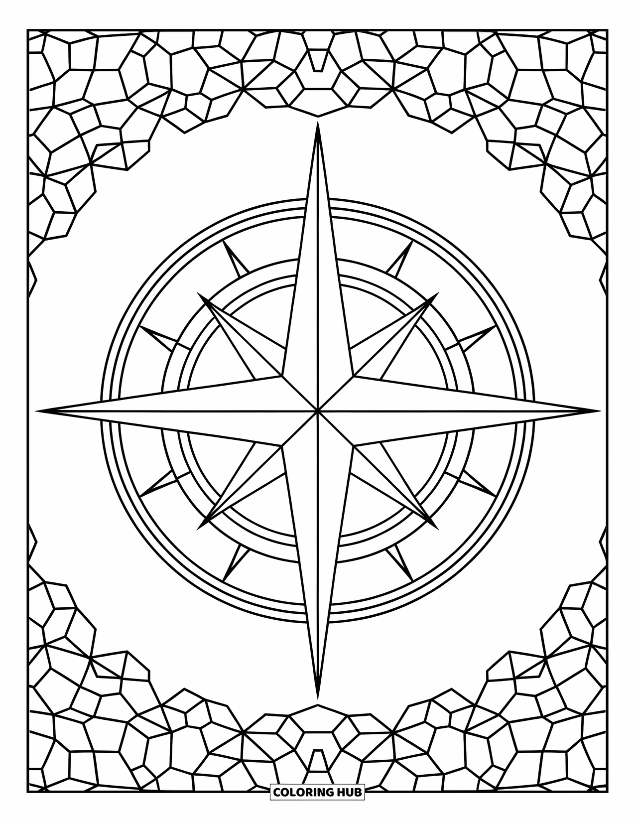 Dibujo de mosaico para colorear para adultos: Una rosa de los vientos con diseños radiales y un fondo de círculos entrelazados