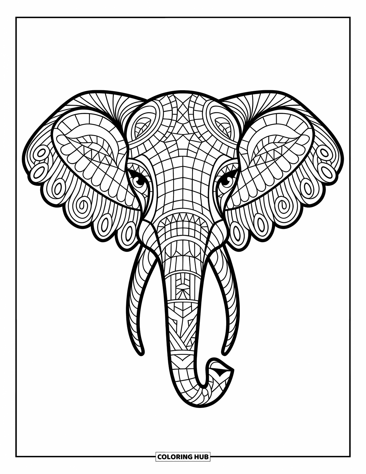 Dibujo de mosaico para colorear para adultos: Una cabeza de elefante detallada rellena de pequeños cuadrados artísticos y patrones únicos