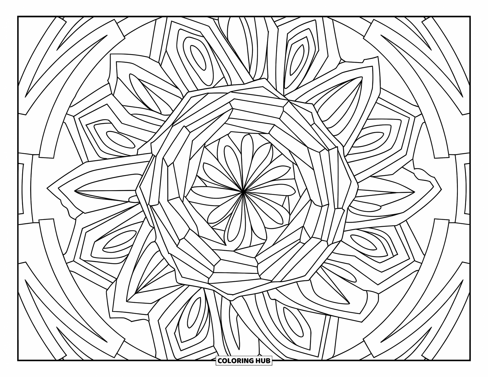 Dibujo de mosaico para colorear para adultos: Un mandala geométrico con simetría precisa y patrones artísticos estilo mosaico