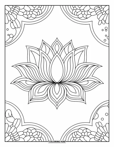 Mosaikk-fargeleggingsark for voksne: En lotusblomst med kunstneriske kronbladmønstre arrangert i buet flissymmetri