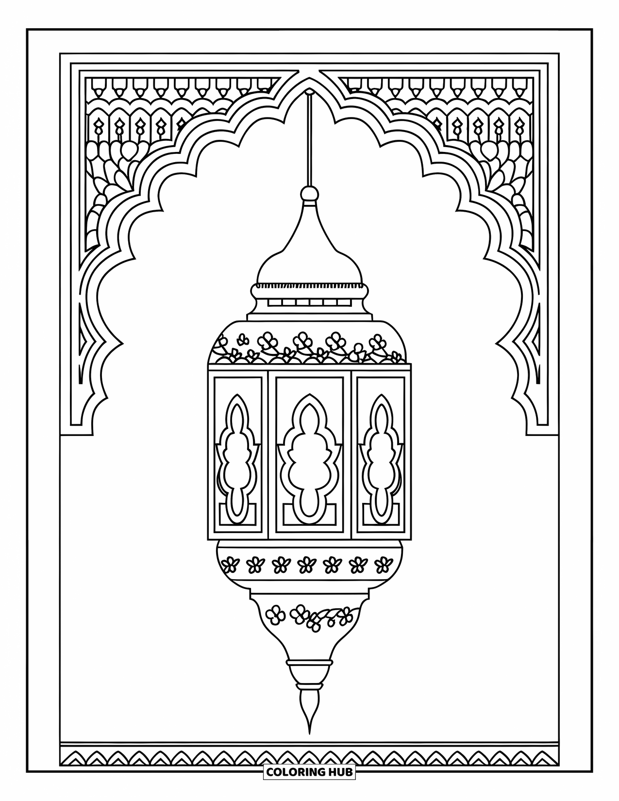Dibujo de mosaico para colorear para adultos: Un farol marroquí con superposiciones florales colgado de un arco decorativo