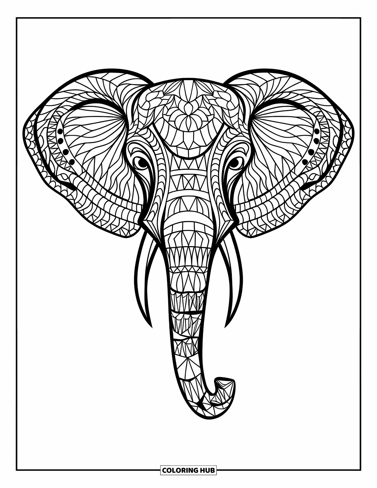 Dibujo de mosaico para colorear para adultos: Una cabeza de elefante de mosaico con patrones artísticos y formas detalladas