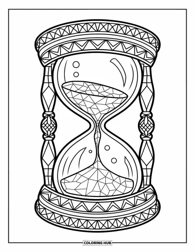 Mosaikk-fargeleggingsark for voksne: Et mosaikk-timeglass med strømmende sand og detaljerte kunstneriske mønstre