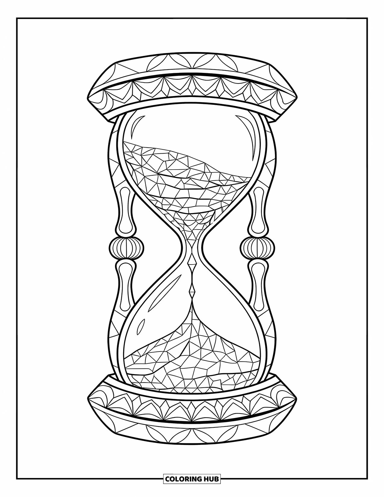 Dibujo de mosaico para colorear para adultos: Un reloj de arena con secciones angulares de mosaico y arena fluyendo en su interior