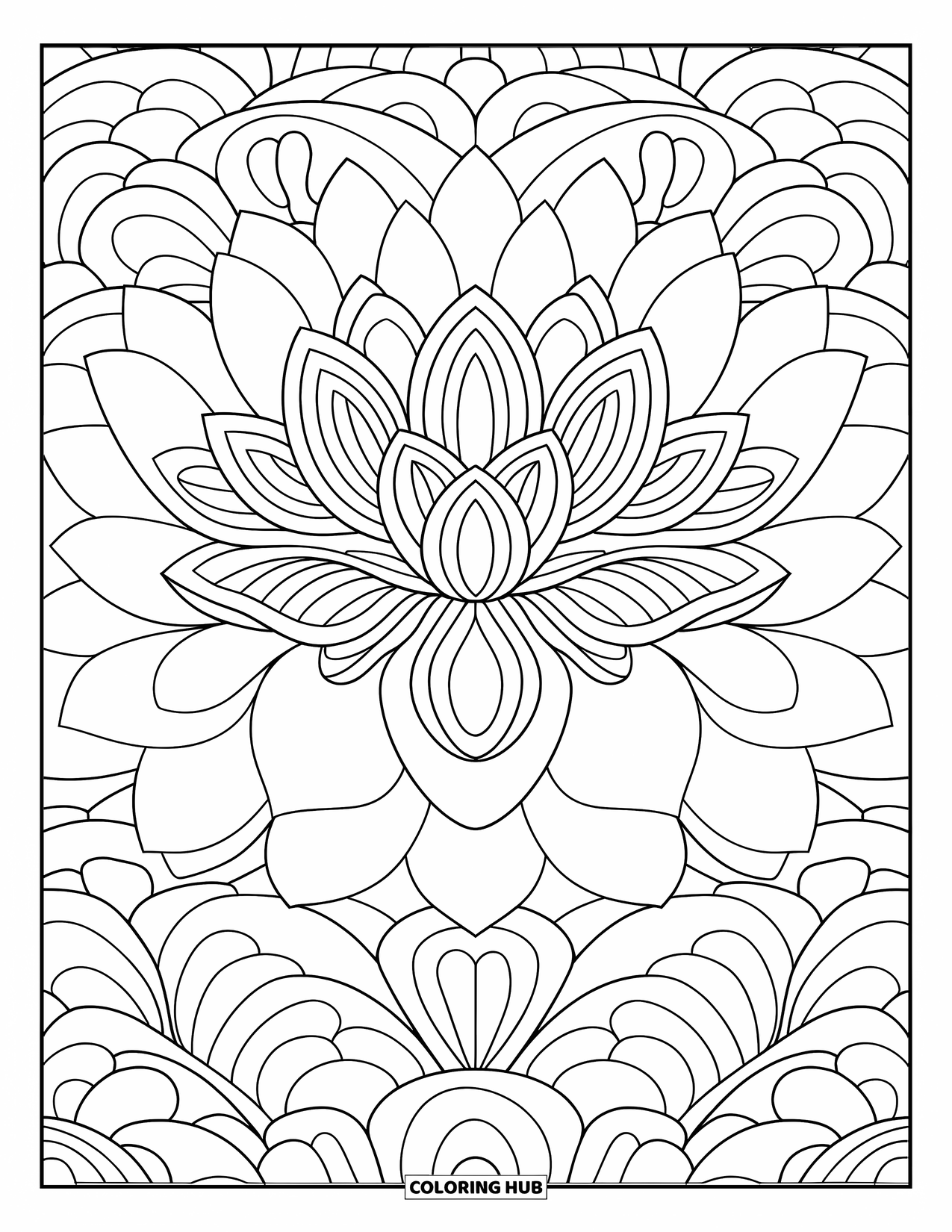 Dibujo de mosaico para colorear para adultos: Una intrincada flor de loto con capas curvas y delicados detalles inspirados en el mosaico