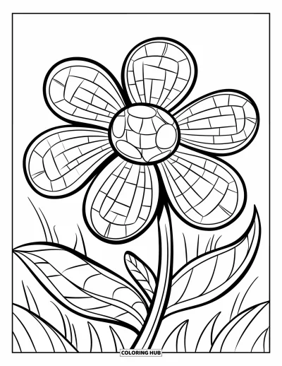 Mosaikk-fargeleggingsark for barn: En stor blomst med fem mosaikk-kronblader og en bladrik stilk