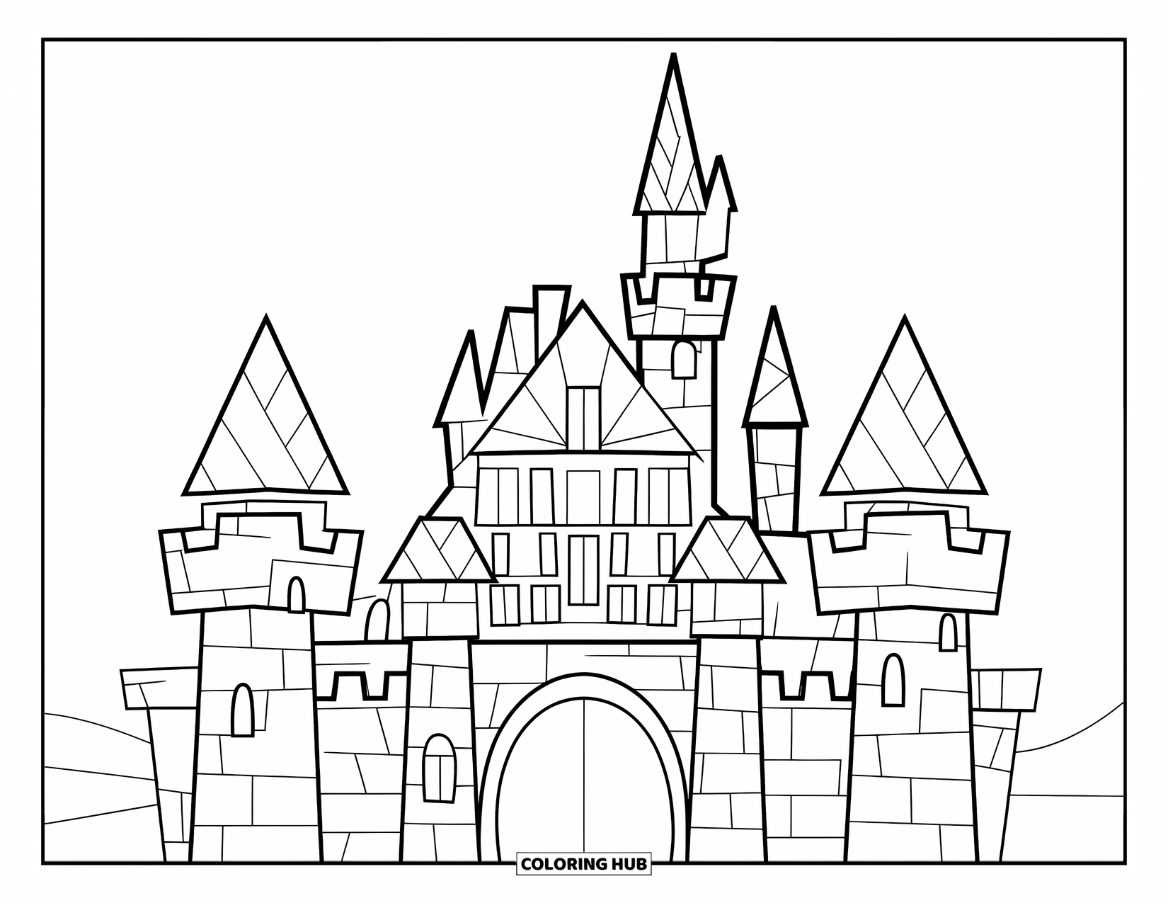 Dibujo de mosaico para colorear para niños: Un castillo con torres y ventanas de formas geométricas bajo un cielo despejado
