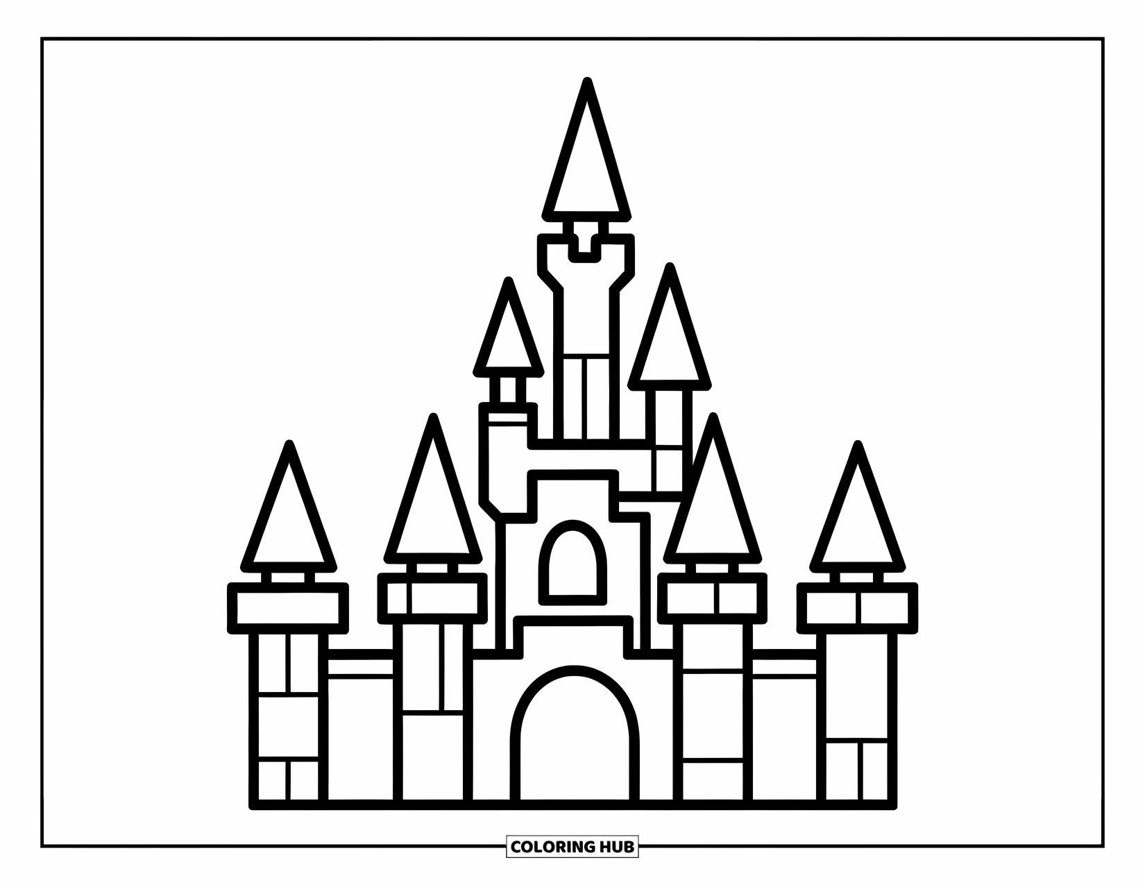 Dibujo de mosaico para colorear para niños: Un castillo con torres de cuadrados y triángulos que se alza imponente