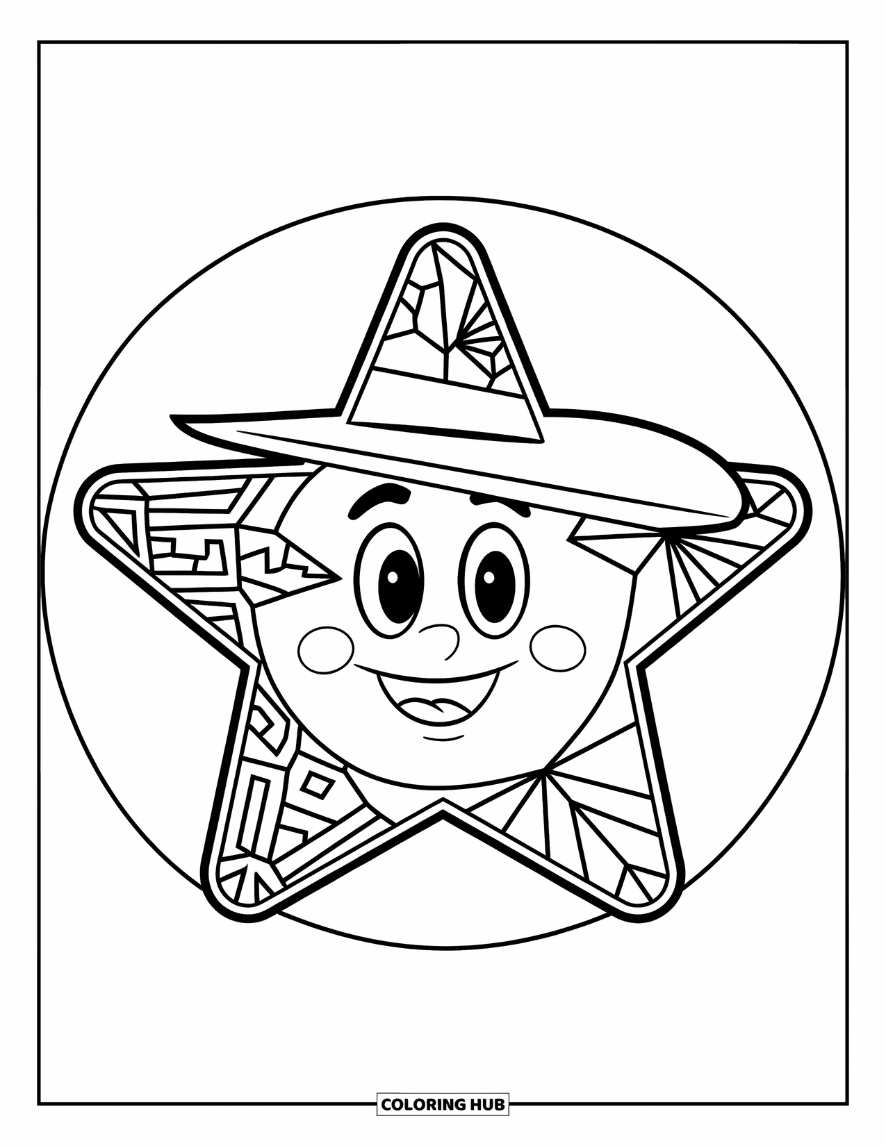 Dibujo de mosaico para colorear para niños: Una estrella alegre con sombrero que sonríe dentro de un círculo