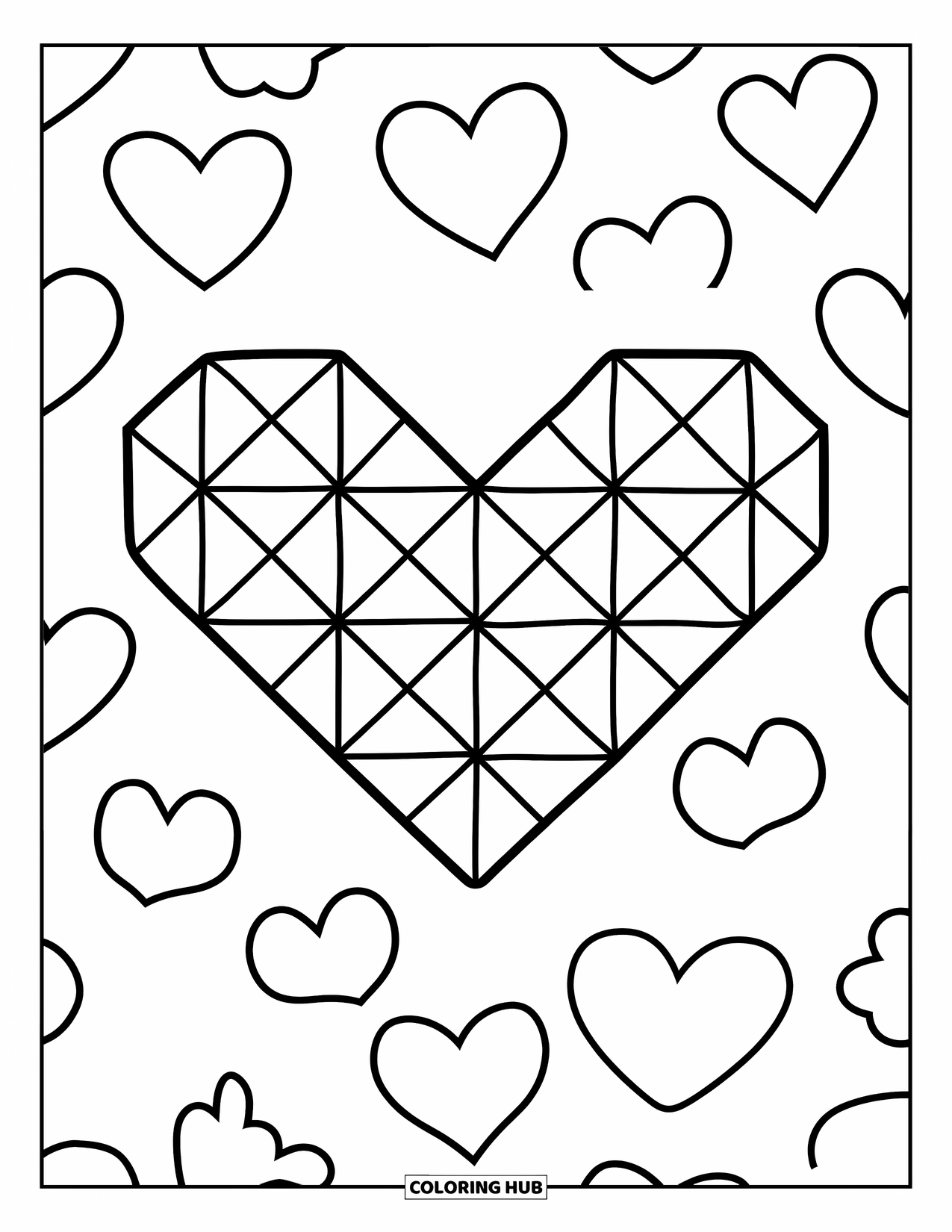 Dibujo de mosaico para colorear para niños: Un corazón grueso en el centro rodeado de pequeños corazones juguetones